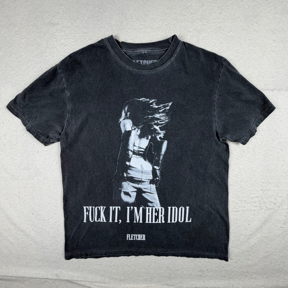 Fletcher Her Idol Graphic T-Shirt Faded Black Mineral Wash Concert Tee Medium